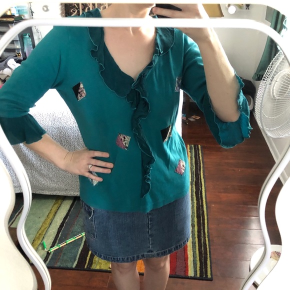 Funky Vintage Teal patchwork blouse with ruffle Peter Pan collar & 3/4 sleeves - Picture 3 of 8